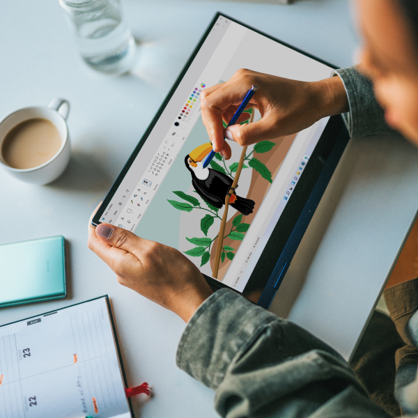 Person designing bird illustration on digital tablet